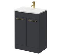 Napoli Floor Standing Vanity Unit with 1 Tap Hole Curved Basin and 2 Doors with Brushed Brass Handles | Gloss Grey | MDF | 600mm