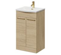 Napoli Floor Standing Vanity Unit with 1 Tap Hole Curved Basin and 2 Doors with Brushed Brass Handles | Light Oak | MDF | 500mm