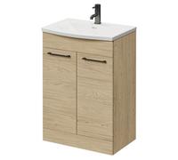 Napoli Floor Standing Vanity Unit with 1 Tap Hole Curved Basin and 2 Doors with Gunmetal Grey Handles | Light Oak | MDF | 600mm