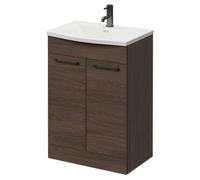 Napoli Floor Standing Vanity Unit with 1 Tap Hole Curved Basin and 2 Doors with Gunmetal Grey Handles | Brown Oak | MDF | 600mm