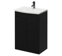 Napoli Floor Standing Vanity Unit with 1 Tap Hole Curved Basin and 2 Doors with Gunmetal Grey Handles | Matt Black | MDF | 600mm