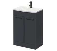 Napoli Floor Standing Vanity Unit with 1 Tap Hole Curved Basin and 2 Doors with Matt Black Handles | Gloss Grey | MDF | 600mm