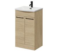Napoli Floor Standing Vanity Unit with 1 Tap Hole Curved Basin and 2 Doors with Matt Black Handles | Light Oak | MDF | 500mm