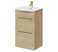 Napoli Floor Standing Vanity Unit with 1 Tap Hole Curved Basin and 2 Drawers with Brushed Brass Handles | Light Oak | MDF | 500mm