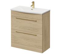 Napoli Floor Standing Vanity Unit with 1 Tap Hole Curved Basin and 2 Drawers with Brushed Brass Handles | Light Oak | MDF | 800mm