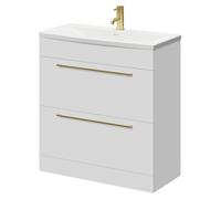 Napoli Floor Standing Vanity Unit with 1 Tap Hole Curved Basin and 2 Drawers with Brushed Brass Handles | Gloss White | MDF | 800mm