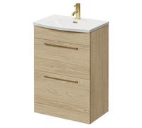 Napoli Floor Standing Vanity Unit with 1 Tap Hole Curved Basin and 2 Drawers with Brushed Brass Handles | Light Oak | MDF | 600mm