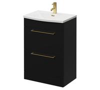 Napoli Floor Standing Vanity Unit with 1 Tap Hole Curved Basin and 2 Drawers with Brushed Brass Handles | Matt Black | MDF | 600mm
