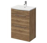 Napoli Floor Standing Vanity Unit with 1 Tap Hole Curved Basin and 2 Drawers with Chrome Handles | Tobacco Oak | MDF | 600mm