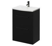 Napoli Floor Standing Vanity Unit with 1 Tap Hole Curved Basin and 2 Drawers with Gunmetal Grey Handles | Matt Black | MDF | 600mm