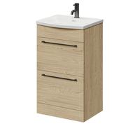 Napoli Floor Standing Vanity Unit with 1 Tap Hole Curved Basin and 2 Drawers with Gunmetal Grey Handles | Light Oak | MDF | 500mm