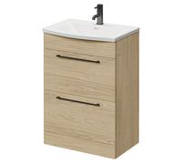 Napoli Floor Standing Vanity Unit with 1 Tap Hole Curved Basin and 2 Drawers with Gunmetal Grey Handles | Light Oak | MDF | 600mm