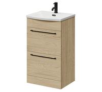Napoli Floor Standing Vanity Unit with 1 Tap Hole Curved Basin and 2 Drawers with Matt Black Handles | Light Oak | MDF | 500mm