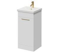 Napoli Floor Standing Vanity Unit with 1 Tap Hole Glide Basin and Single Door with Brushed Brass Handle | Gloss White | MDF | 400mm