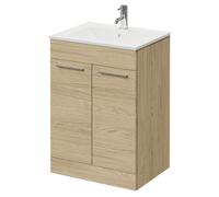 Napoli Floor Standing Vanity Unit with 1 Tap Hole Minimalist Basin and 2 Doors with Chrome Handles | Light Oak | MDF | 600mm