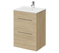 Napoli Floor Standing Vanity Unit with 1 Tap Hole Minimalist Basin and 2 Drawers with Chrome Handles | Light Oak | MDF | 600mm