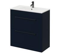 Napoli Floor Standing Vanity Unit with 1 Tap Hole Minimalist Basin and 2 Drawers with Gunmetal Grey Handles | Deep Blue | MDF | 800mm