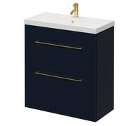 Napoli Floor Standing Vanity Unit with 1 Tap Hole Slim Edge Basin and 2 Drawers with Brushed Brass Handles | Deep Blue | MDF | 800mm