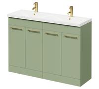 Napoli Floor Standing Vanity Unit with Ceramic Double Basin and 4 Doors with Brushed Brass Handles | Olive Green | MDF | 1200mm