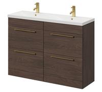 Napoli Floor Standing Vanity Unit with Ceramic Double Basin and 4 Drawers with Brushed Brass Handles | Brown Oak | MDF | 1200mm