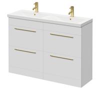 Napoli Floor Standing Vanity Unit with Ceramic Double Basin and 4 Drawers with Brushed Brass Handles | Gloss White | MDF | 1200mm