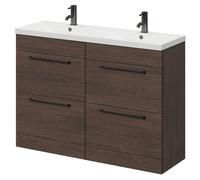 Napoli Floor Standing Vanity Unit with Ceramic Double Basin and 4 Drawers with Gunmetal Grey Handles | Brown Oak | MDF | 1200mm