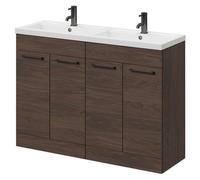 Napoli Floor Standing Vanity Unit with Polymarble Double Basin and 4 Doors with Gunmetal Grey Handles | Brown Oak | MDF | 1200mm