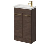 Napoli Slimline Floor Standing 2 Door Vanity Unit with Basin and Brushed Brass Handles | Brown Oak | MDF | 500mm
