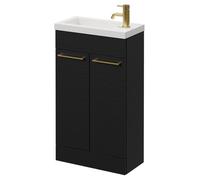 Napoli Slimline Floor Standing 2 Door Vanity Unit with Basin and Brushed Brass Handles | Nero Oak | MDF | 500mm