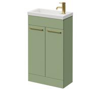 Napoli Slimline Floor Standing 2 Door Vanity Unit with Basin and Brushed Brass Handles | Olive Green | MDF | 500mm
