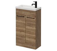 Napoli Slimline Floor Standing Vanity Unit with 1 Tap Hole Basin and 2 Doors with Matt Black Handles | Tobacco Oak | MDF | 500mm