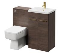 Napoli Vanity Unit Toilet Suite with 1 Tap Hole Basin and 2 Doors with Brushed Brass Handles | Brown Oak | MDF | 1000mm