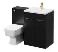Napoli Vanity Unit Toilet Suite with 1 Tap Hole Basin and 2 Doors with Brushed Brass Handles | Matt Black | Plastic | 1100mm