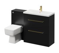 Napoli Vanity Unit Toilet Suite with 1 Tap Hole Basin and 2 Drawers with Brushed Brass Handles | Matt Black | ABS Polished Chrome | 1300mm