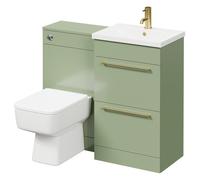 Napoli Vanity Unit Toilet Suite with 1 Tap Hole Basin and 2 Drawers with Brushed Brass Handles | Olive Green | ABS Polished Chrome | 1000mm