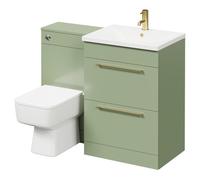 Napoli Vanity Unit Toilet Suite with 1 Tap Hole Basin and 2 Drawers with Brushed Brass Handles | Olive Green | ABS Polished Chrome | 1100mm