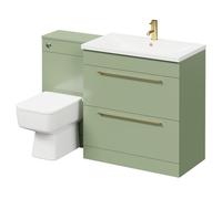 Napoli Vanity Unit Toilet Suite with 1 Tap Hole Basin and 2 Drawers with Brushed Brass Handles | Olive Green | ABS Polished Chrome | 1300mm