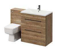 Napoli Vanity Unit Toilet Suite with 1 Tap Hole Basin and 2 Drawers with Gunmetal Grey Handles | Tobacco Oak | Plastic | 1300mm