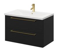 Napoli Wall Mounted Vanity Unit with 1 Tap Hole Basin and 2 Drawers with Brushed Brass Handles | Nero Oak | MDF | 800mm