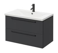 Napoli Wall Mounted Vanity Unit with 1 Tap Hole Basin and 2 Drawers with Matt Black Handles | Gloss Grey | MDF | 800mm