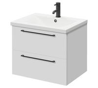 Napoli Wall Mounted Vanity Unit with 1 Tap Hole Basin and 2 Drawers with Matt Black Handles | Gloss White | MDF | 600mm