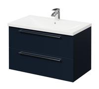 Napoli Wall Mounted Vanity Unit with 1 Tap Hole Basin and 2 Drawers with Polished Chrome Handles | Deep Blue | MDF | 800mm