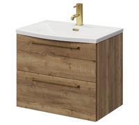 Napoli Wall Mounted Vanity Unit with 1 Tap Hole Curved Basin and 2 Drawers with Brushed Brass Handles | Tobacco Oak | MDF | 600mm
