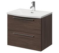 Napoli Wall Mounted Vanity Unit with 1 Tap Hole Curved Basin and 2 Drawers with Polished Chrome Handles | Brown Oak | MDF | 600mm