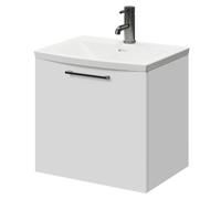 Napoli Wall Mounted Vanity Unit with 1 Tap Hole Curved Basin and Single Drawer with Gunmetal Grey Handle | Gloss White | MDF | 500mm