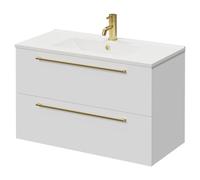 Napoli Wall Mounted Vanity Unit with 1 Tap Hole Minimalist Basin and 2 Drawers with Brushed Brass Handles | Gloss White | MDF | 800mm