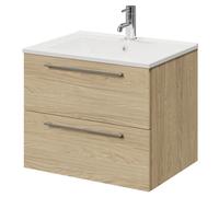 Napoli Wall Mounted Vanity Unit with 1 Tap Hole Minimalist Basin and 2 Drawers with Chrome Handles | Light Oak | MDF | 600mm