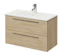 Napoli Wall Mounted Vanity Unit with 1 Tap Hole Minimalist Basin and 2 Drawers with Chrome Handles | Light Oak | MDF | 800mm