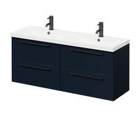 Napoli Wall Mounted Vanity Unit with Ceramic Double Basin and 4 Drawers with Matt Black Handles | Deep Blue | MDF | 1200mm
