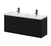 Napoli Wall Mounted Vanity Unit with Polymarble Double Basin and 4 Drawers with Gunmetal Grey Handles | Matt Black | MDF | 1200mm
